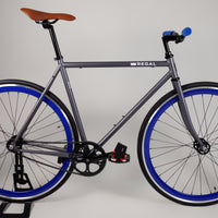 Matte Gray frame with Deep Blue Rims, the hubs are high flange flip flop for fixed gear and single speed riding.