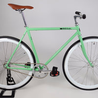 This Fixie Bike comes with a mint green frame and white rims, the flip flop hub allows for single speed riding or fixed gear riding