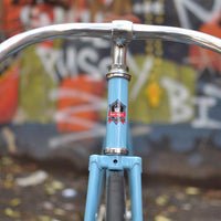This fixed gear bicycle is called "The Prince" and features white rims and a sky blue frame.
