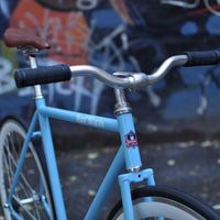 This fixed gear bicycle is called "The Prince" and features white rims and a sky blue frame.
