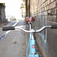 This fixed gear bicycle is called "The Prince" and features white rims and a sky blue frame.