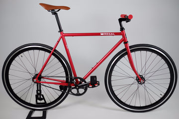 Matte Red Fixie Bike with Deep Black 40mm Rims, comes with a flip flop hub so it can be ridden as single speed as well.