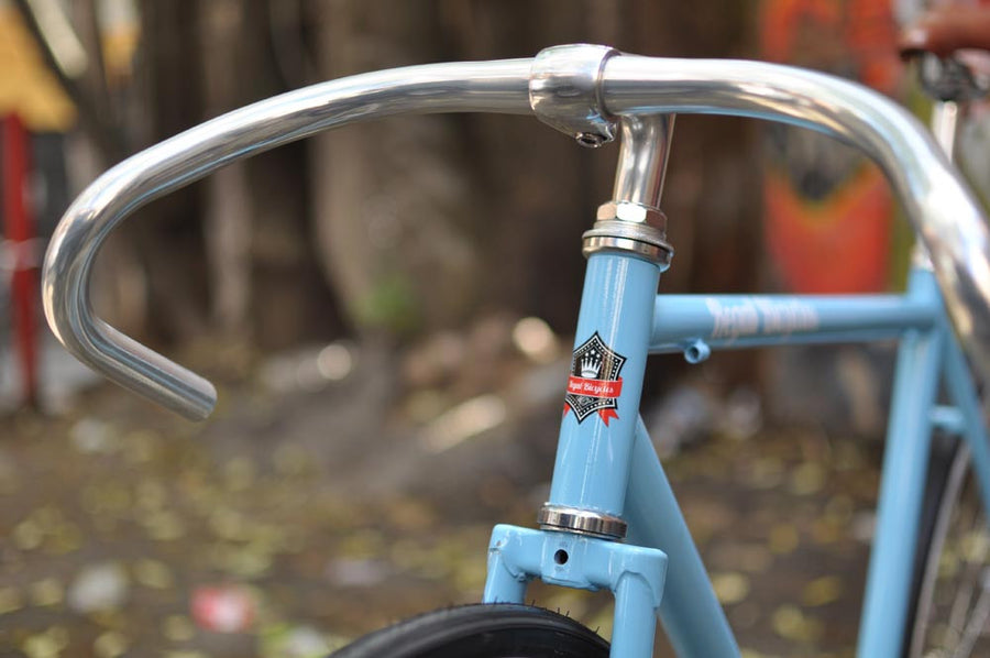 This fixed gear bicycle is called "The Prince" and features white rims and a sky blue frame.