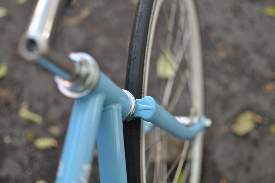 This fixed gear bicycle is called "The Prince" and features white rims and a sky blue frame.