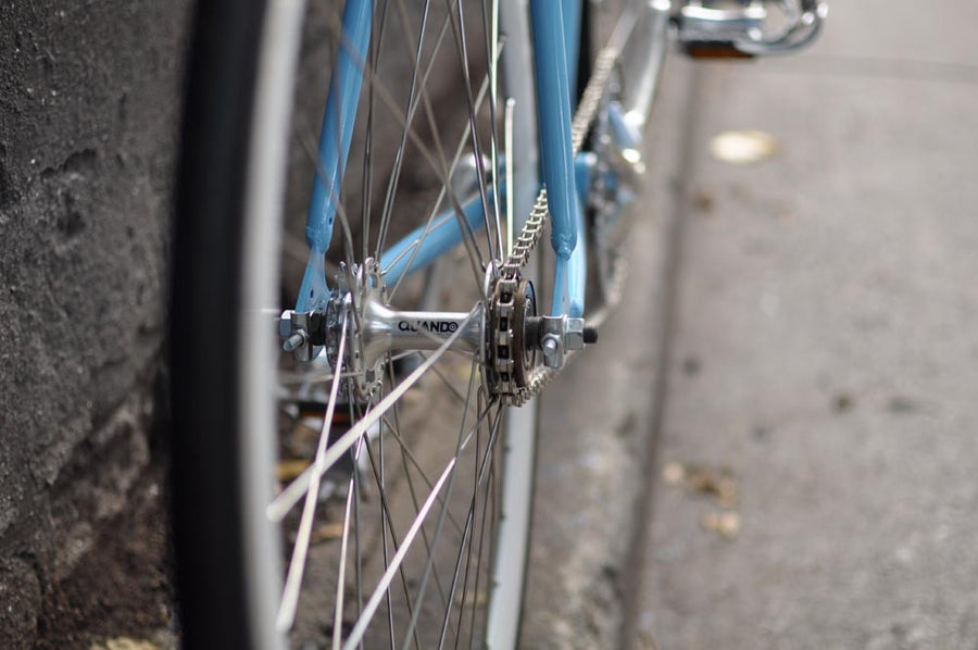 This fixed gear bicycle is called "The Prince" and features white rims and a sky blue frame.